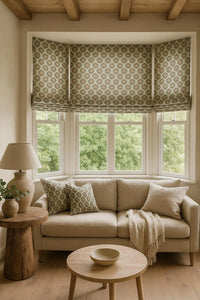Thumbnail for Olive trellis Roman blinds in a cozy neutral living room.