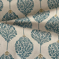 Thumbnail for Sagewood Leaves botanical fabric with teal leaf trellis on beige linen look background