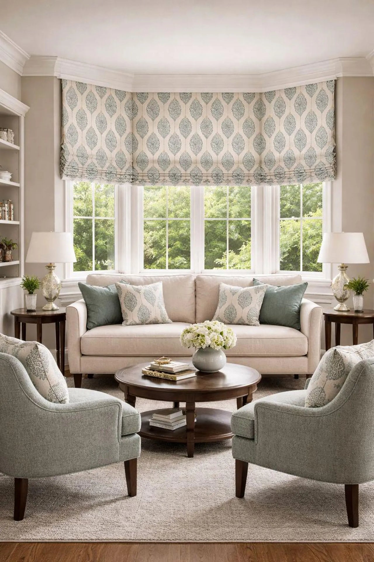 Teal botanical leaf print fabric for curtains and Roman blinds