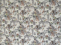 Thumbnail for Flat lay of Savannah jungle print fabric featuring cheetahs, monkeys, parasols, and foliage on a beige linen-look background, perfect for safari-themed curtains and upholstery.