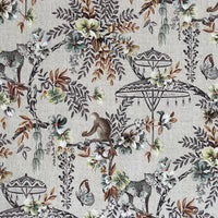 Thumbnail for Flat view of Savannah jungle fabric with cheetah, monkey, parasol, and butterflies — a bold nature-inspired textile for modern interiors.