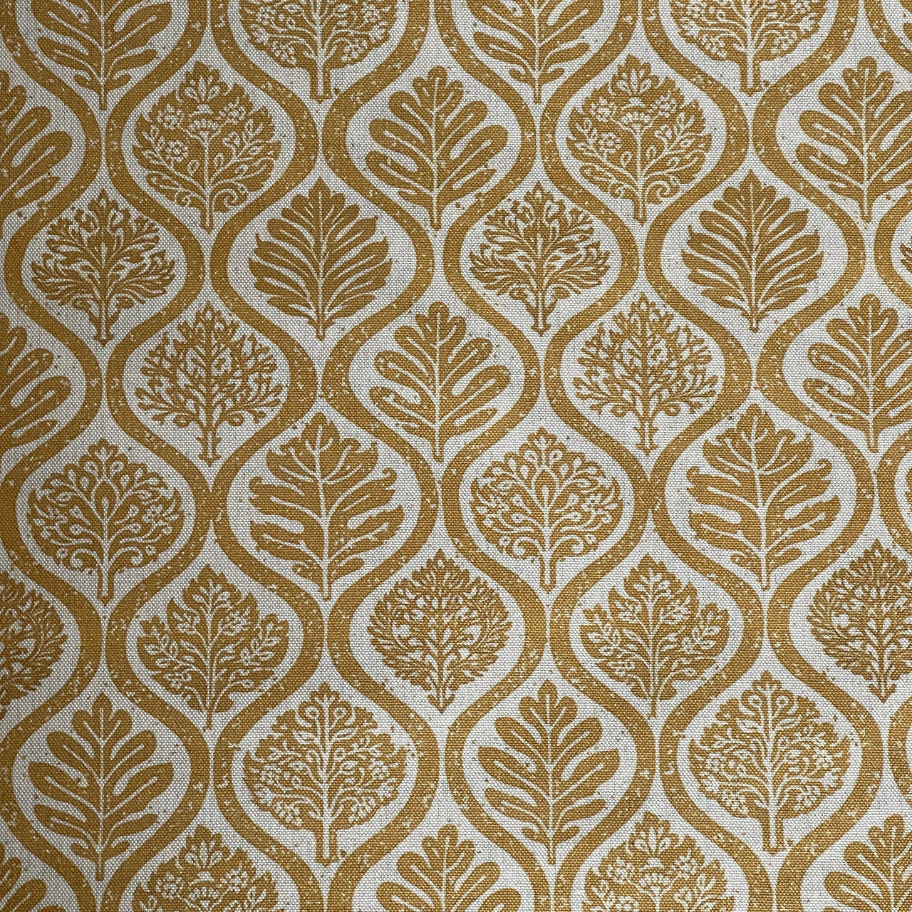 Mustard leaf pattern fabric in repeating ogee lattice design