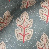 Thumbnail for Teal leaf print fabric with cream botanical design and red vein detail