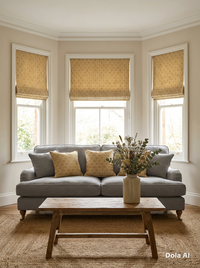 Thumbnail for Mustard botanical ogee fabric with leaf pattern on linen look base