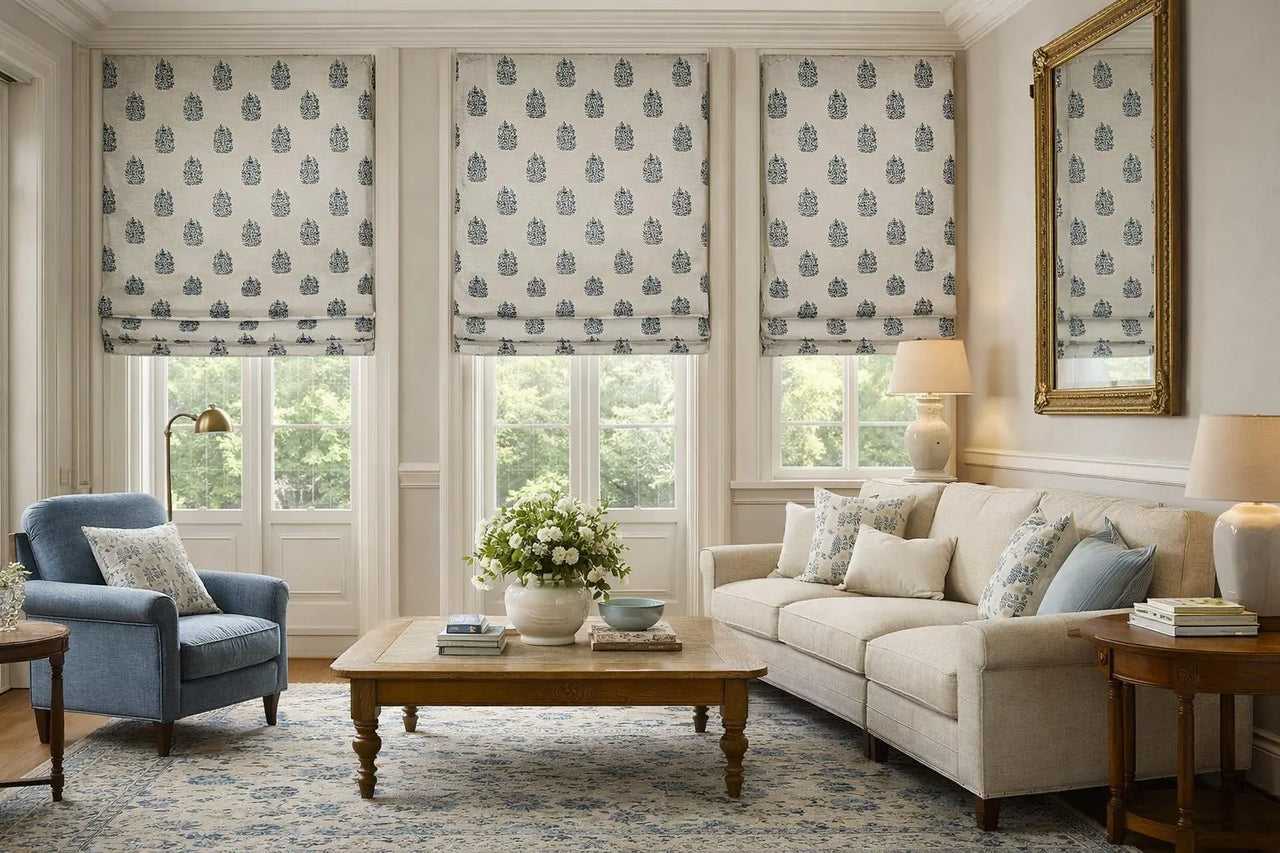 Folk botanical fabric with soft blue floral sprig medallion design