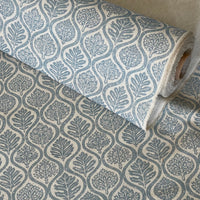 Thumbnail for Denim blue decorative fabric with flowing botanical ogee pattern