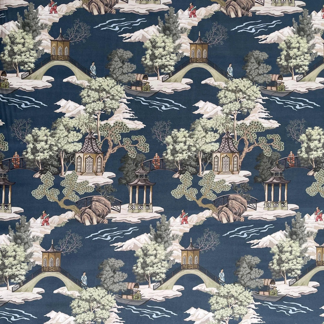 Eastern Elegance blue chinoiserie fabric with pagodas, bridges, and gardens