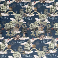 Thumbnail for Eastern Elegance blue chinoiserie fabric with pagodas, bridges, and gardens