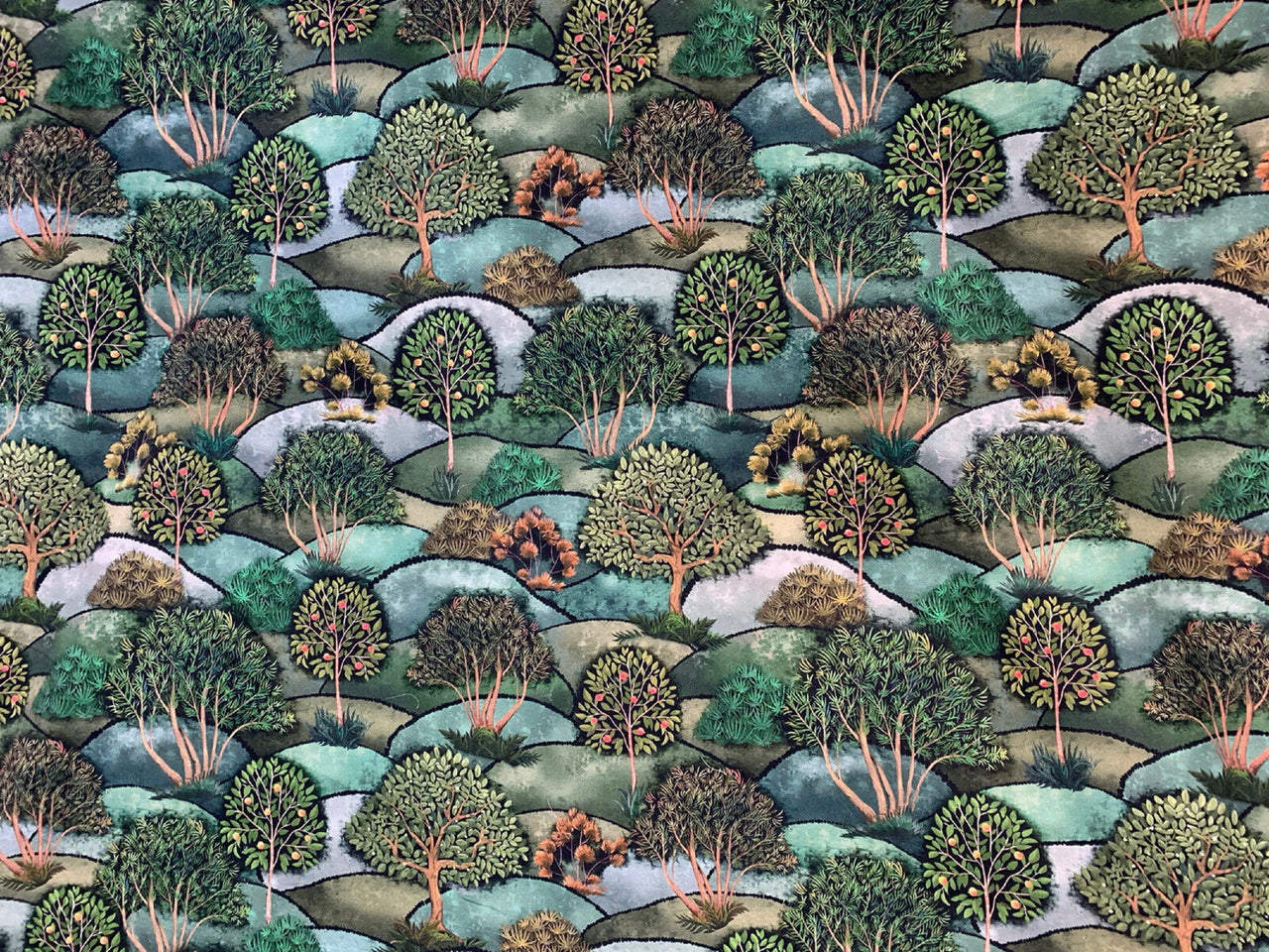 Pattern of trees and landscapes in various shades of green and brown.