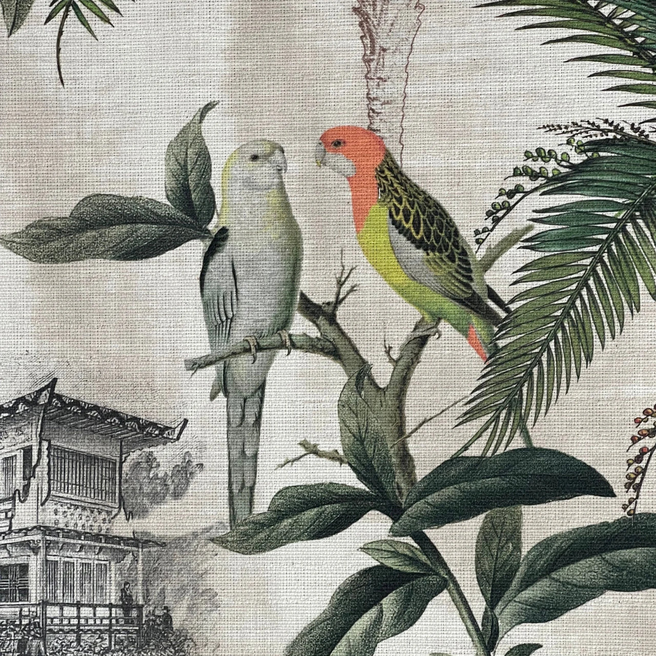 Tropical palm tree fabric with exotic birds and architectural sketches