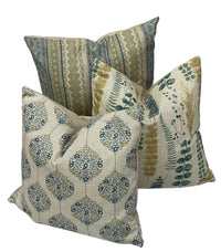 Thumbnail for Contemporary cottagecore cushion with teal and gold eucalyptus leaf design.