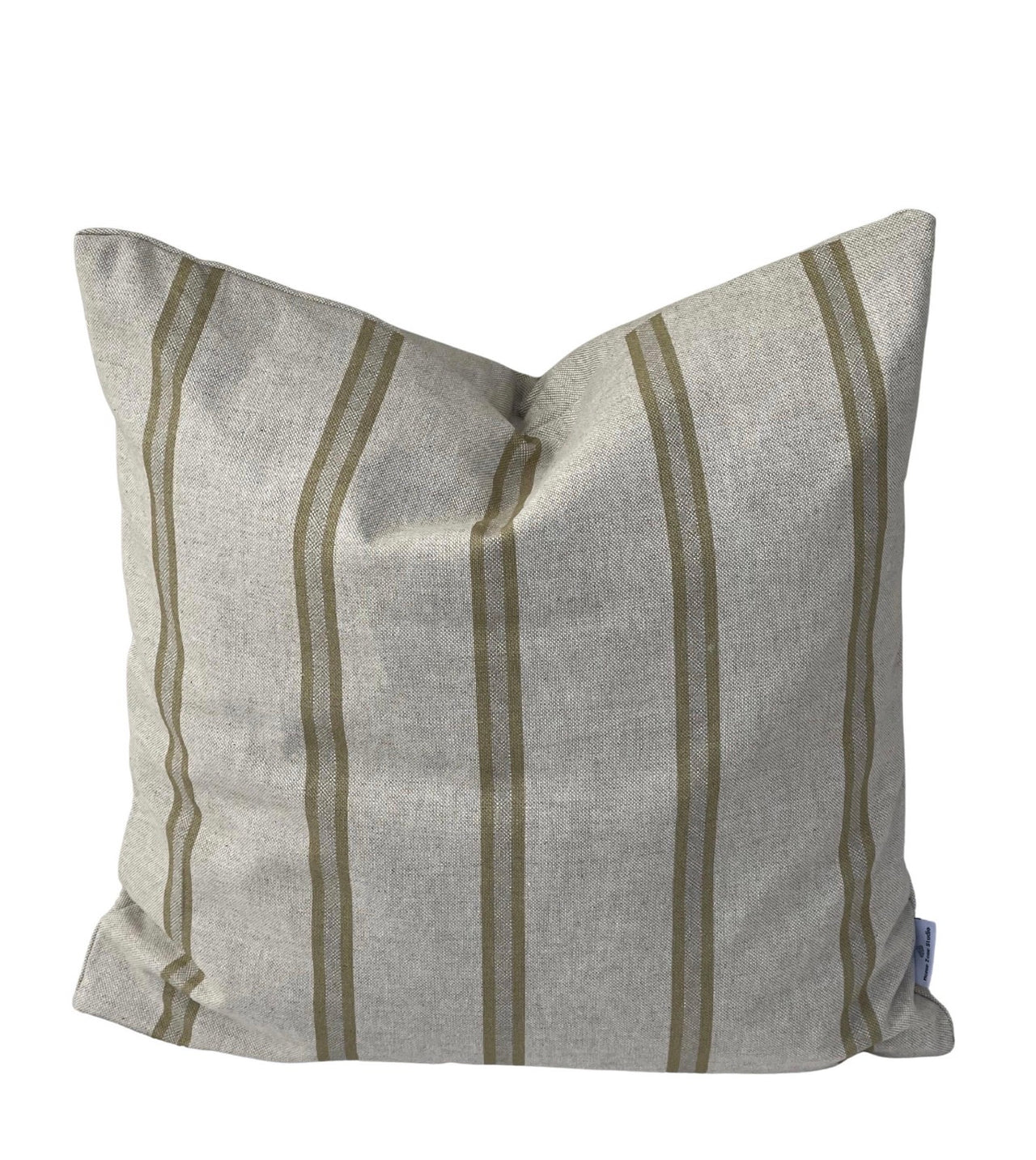 Handmade soft gold ticking stripe cushion cover with vertical double stripes on natural linen-look fabric.