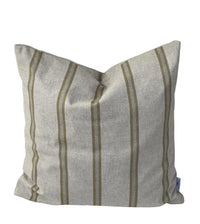 Thumbnail for Handmade soft gold ticking stripe cushion cover with vertical double stripes on natural linen-look fabric.