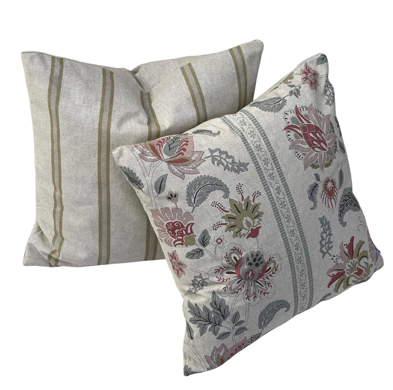 Two decorative cushion covers featuring a soft gold ticking stripe design and a coordinating Stripey Jacobean pattern in warm country-style tones.