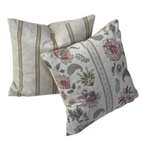 Thumbnail for Two decorative cushion covers featuring a soft gold ticking stripe design and a coordinating Stripey Jacobean pattern in warm country-style tones.