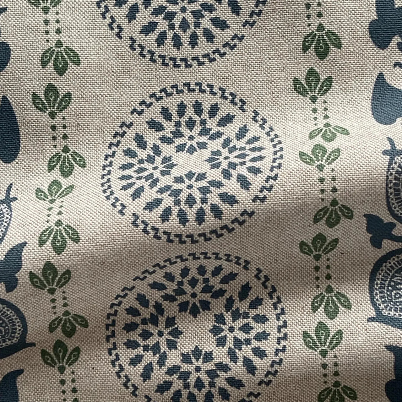 Linen look fabric with detailed navy botanical motifs and medallion layout