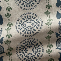Thumbnail for Linen look fabric with detailed navy botanical motifs and medallion layout