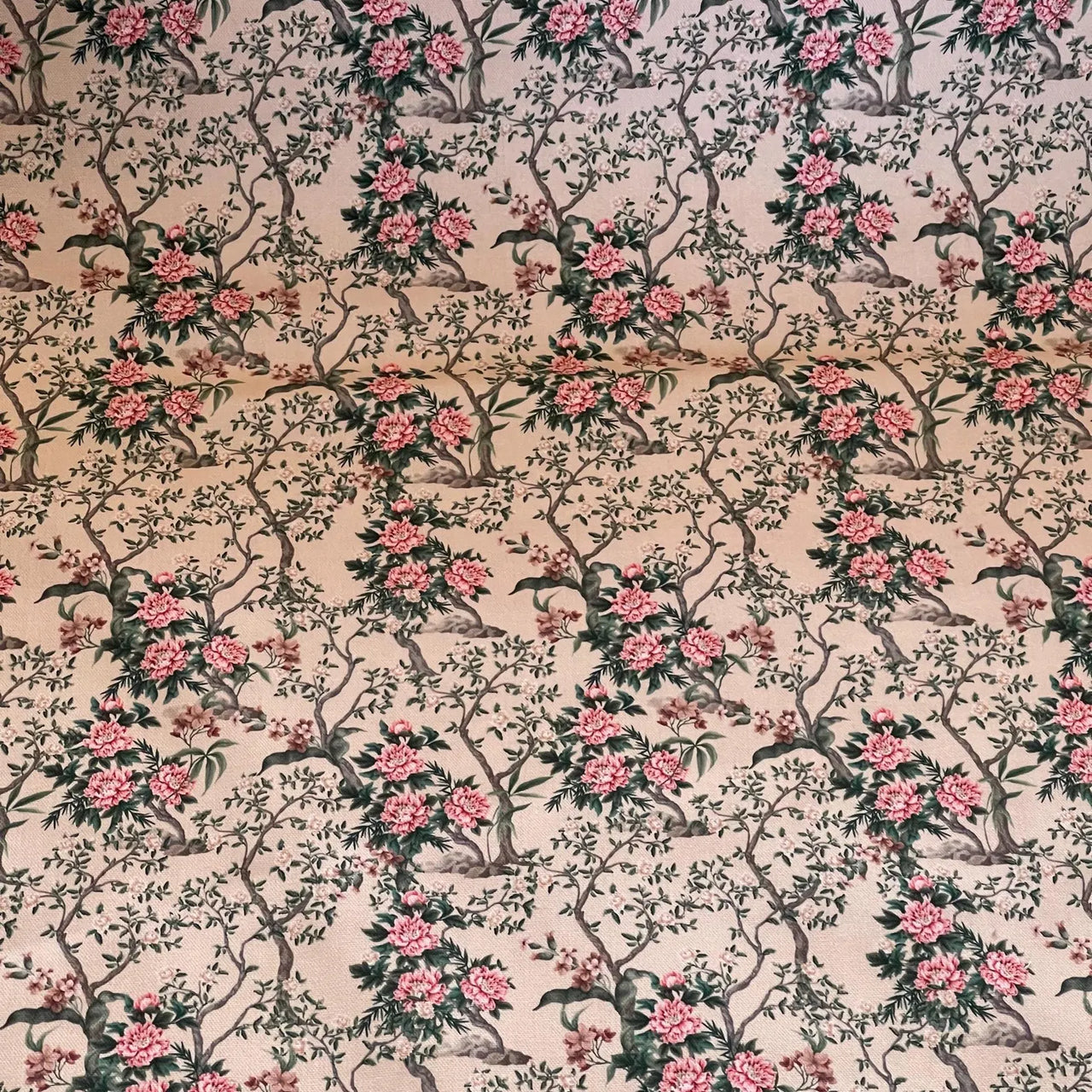 Elegant oriental peony print textile close detail