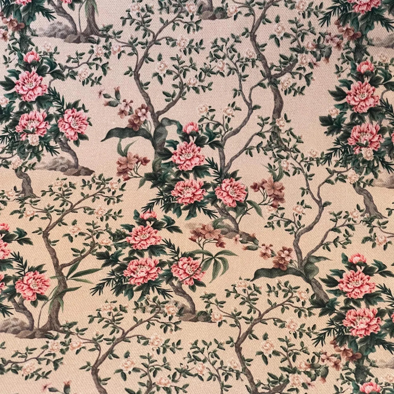 Romantic chinoiserie peony print fabric by the metre