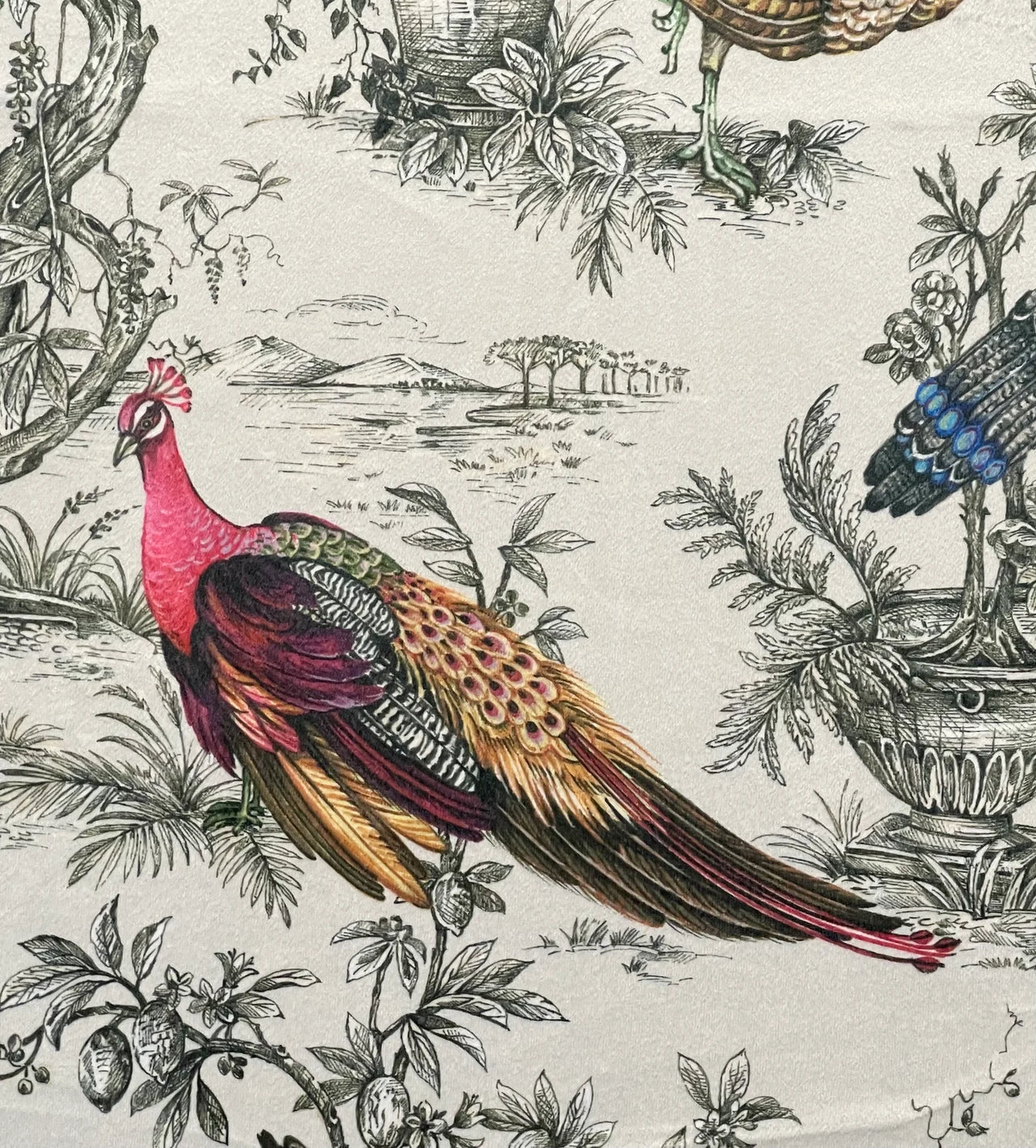 Luxury printed velvet fabric with birds and botanical design