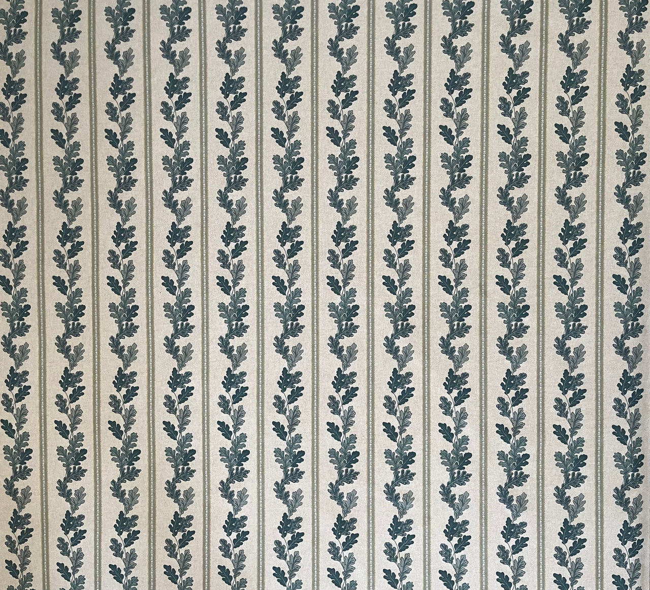 Premium cotton-linen fabric roll with botanical oak leaf design
