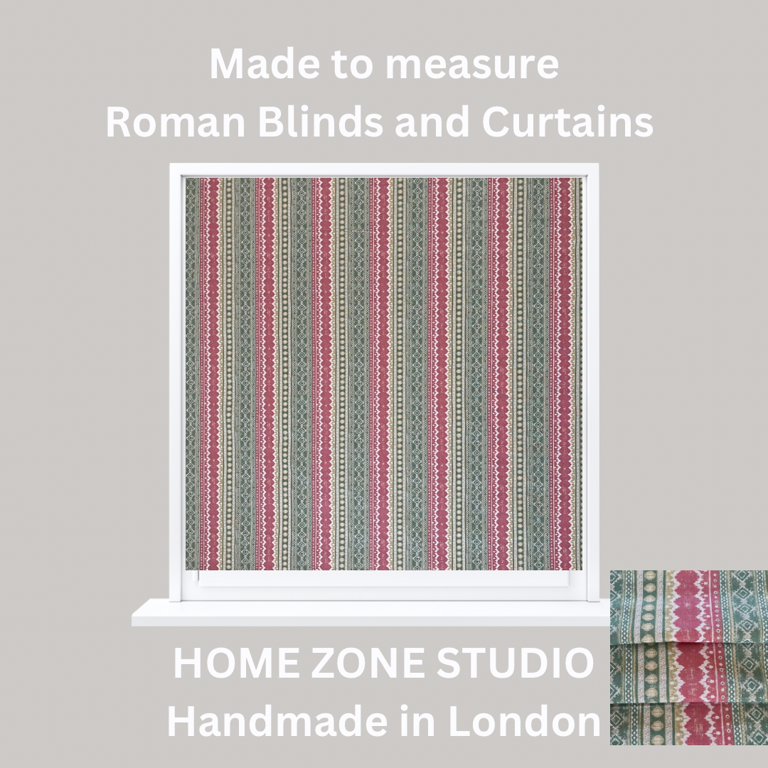 Striped Roman blind with 'Made to measure Roman Blinds and Curtains' text and 'Home Zone Studio' branding.