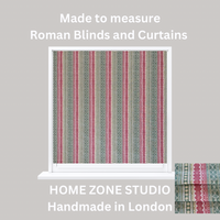 Thumbnail for Striped Roman blind with 'Made to measure Roman Blinds and Curtains' text and 'Home Zone Studio' branding.
