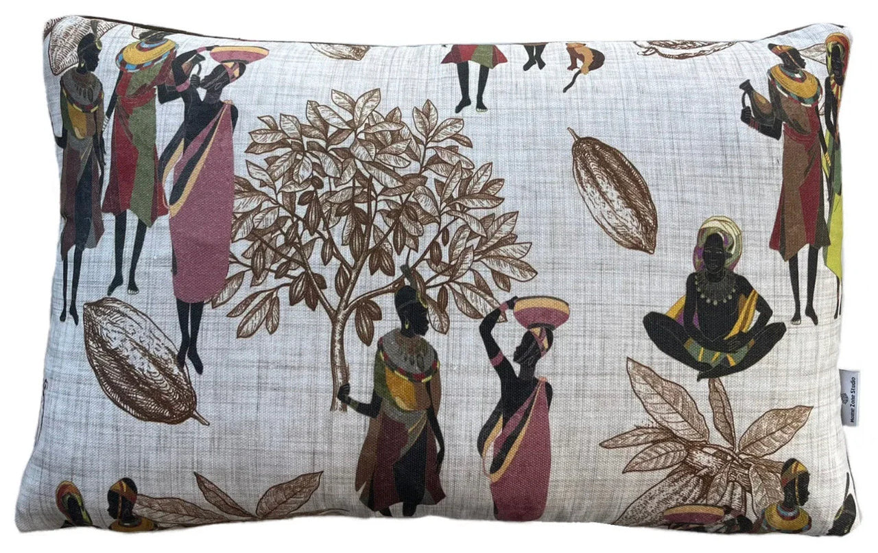 Decorative pillow with artistic depiction of people and cacao plants on a white background