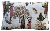 Thumbnail for Decorative pillow with artistic depiction of people and cacao plants on a white background