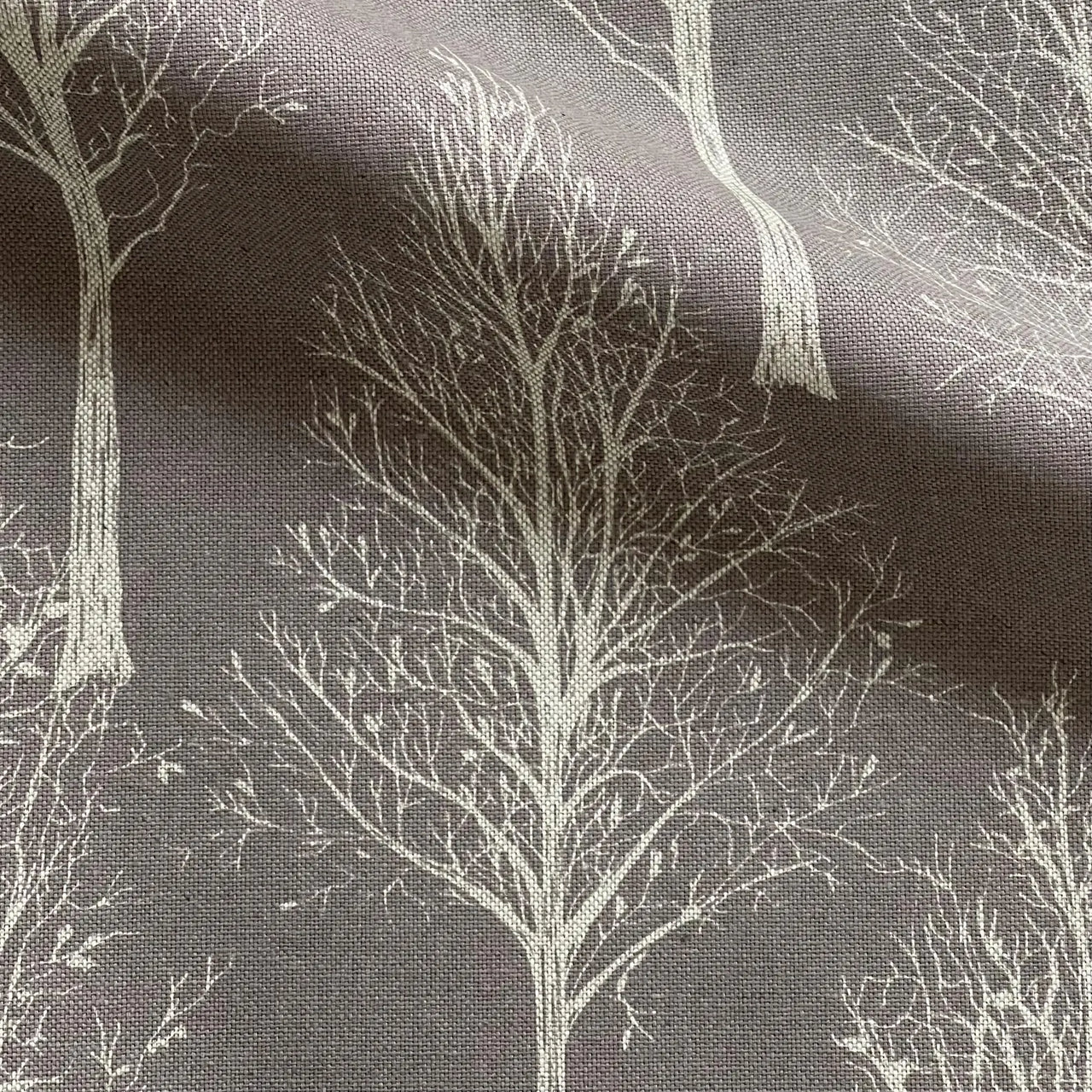 Scandinavian taupe grey tree fabric with linen look texture
