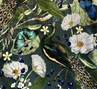 Thumbnail for Decorative design with peacocks, butterflies, and flowers on a dark green background