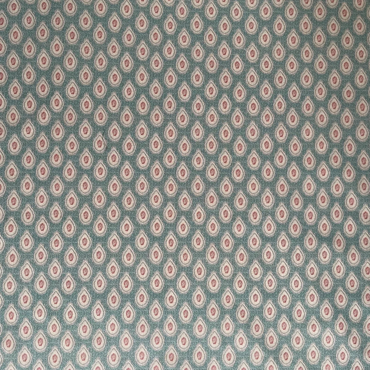 Linen look cotton blend fabric with teal and red paisley pattern