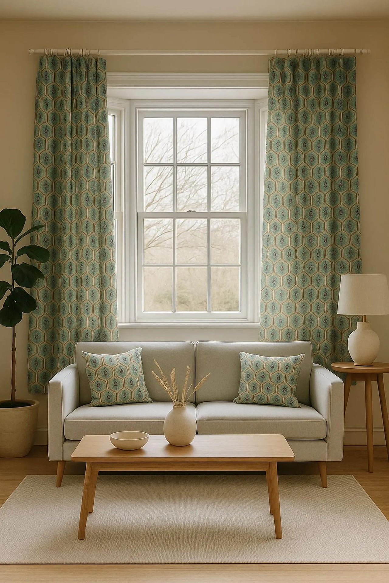 Teal trellis curtains styled in a modern neutral living room.