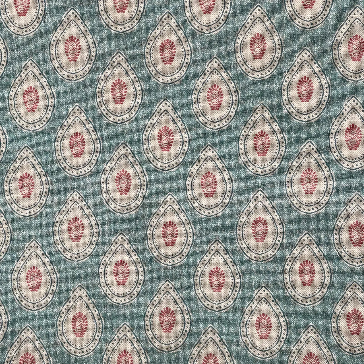 Teal teardrop paisley fabric with Indian buta motif on linen look background