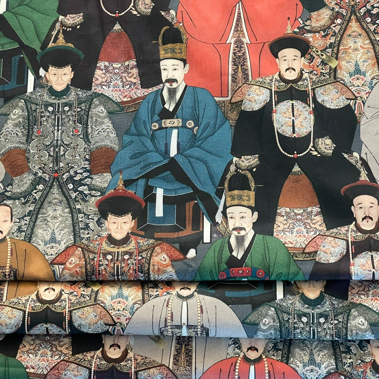 Detail of traditional Chinese ceremonial robes on organic cotton fabric for home decor