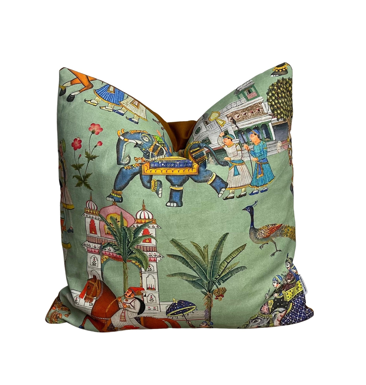 Indian Mughal Procession Cushion Cover with Elephant, Horse, and Peacock Print on Green Background