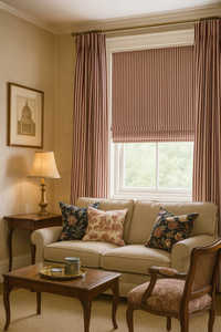 Thumbnail for Living room with beige sofa, floral pillows, and striped curtains and blinds