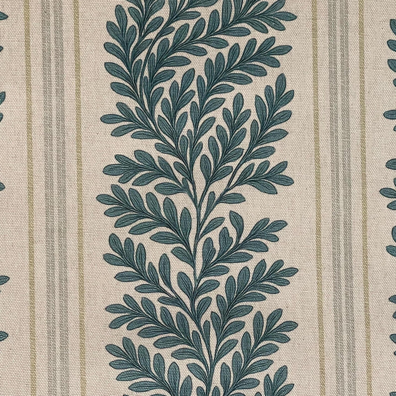 Cream and sage fern stripe fabric suitable for soft furnishings