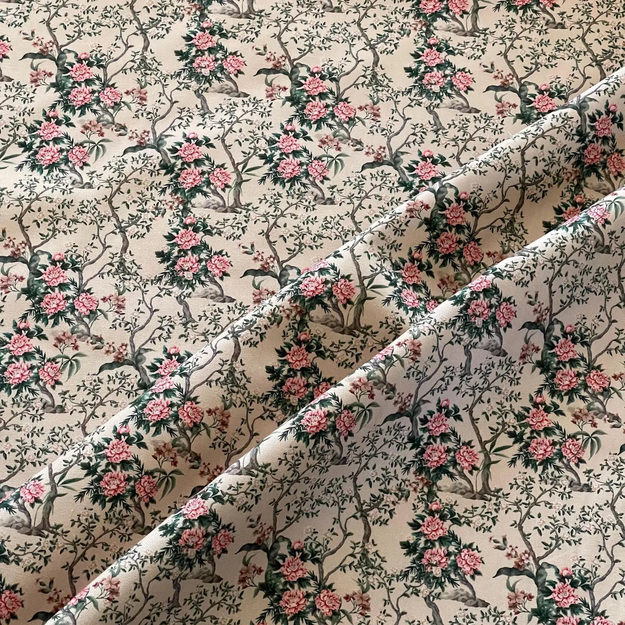 Cotton fabric with chinoiserie peony and tree 