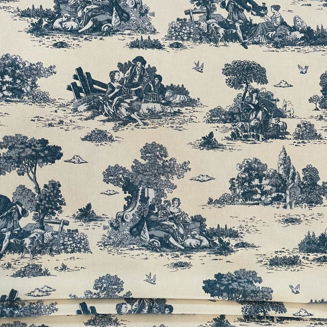 French vintage-style cotton fabric with pastoral landscape scenes
