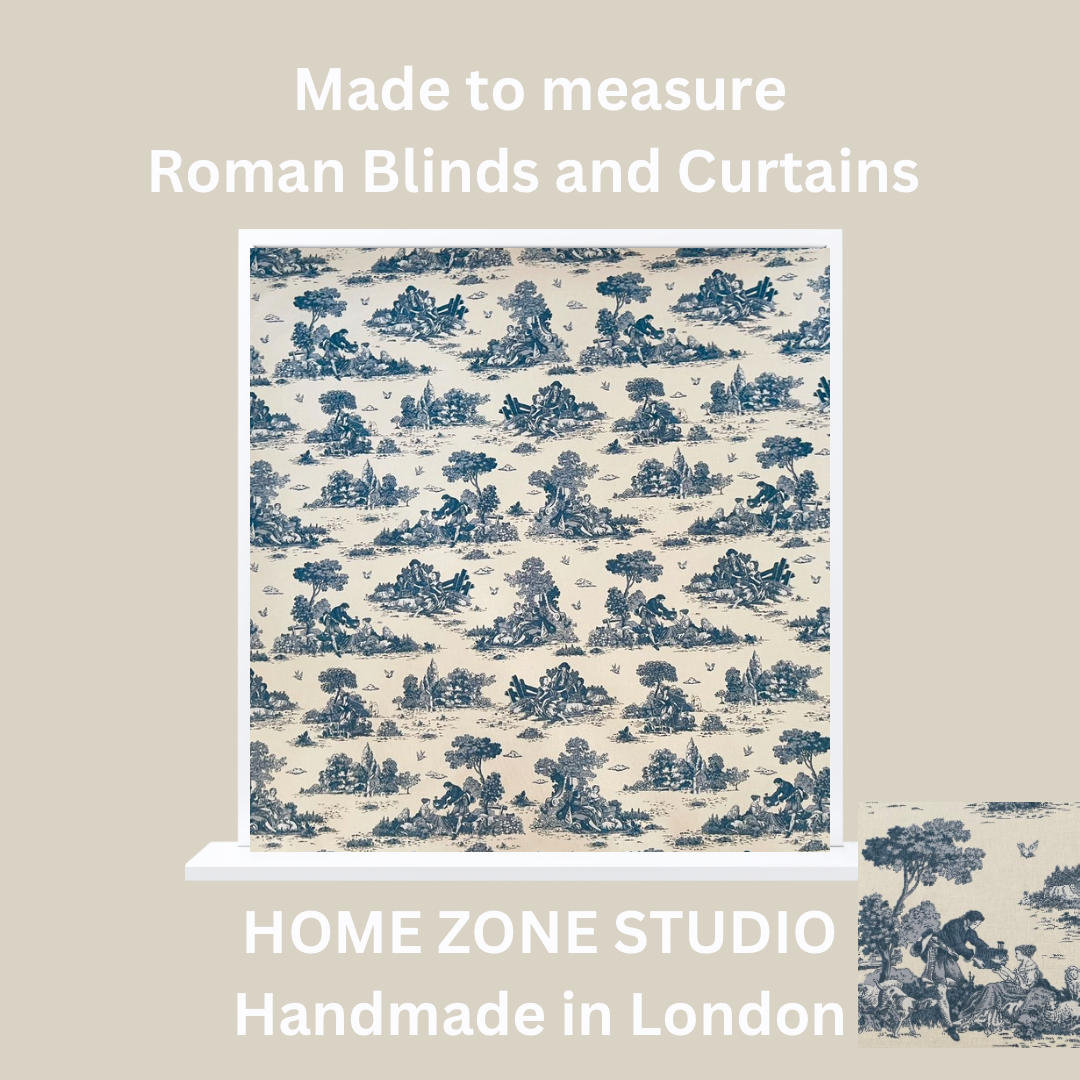 Roller blind with blue and beige pattern on a beige background, featuring text about Roman blinds and curtains from Home Zone Studio.