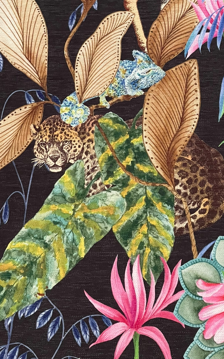 Decorative fabric with exotic wildlife and botanical theme.