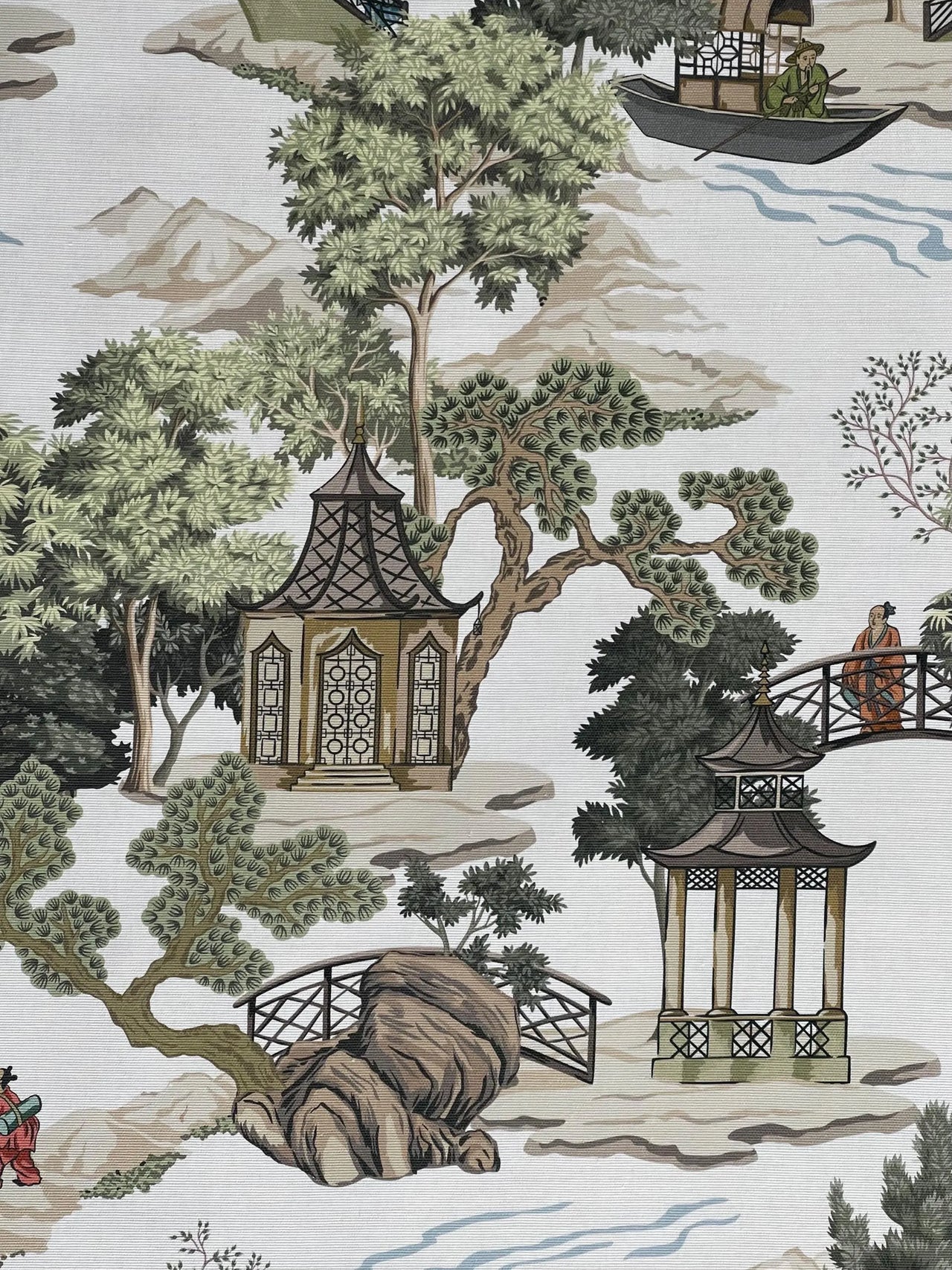 Elegant chinoiserie design on white cotton blend