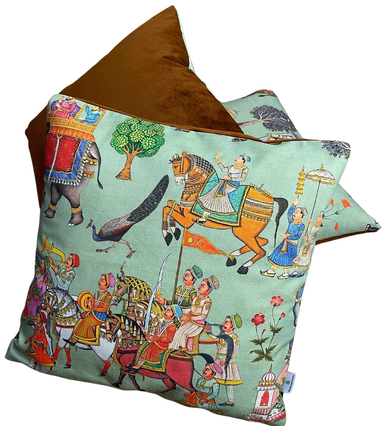 Handcrafted Green Pillow Case with Maharaja Procession, Umbrella Bearers, and Ornamental Details