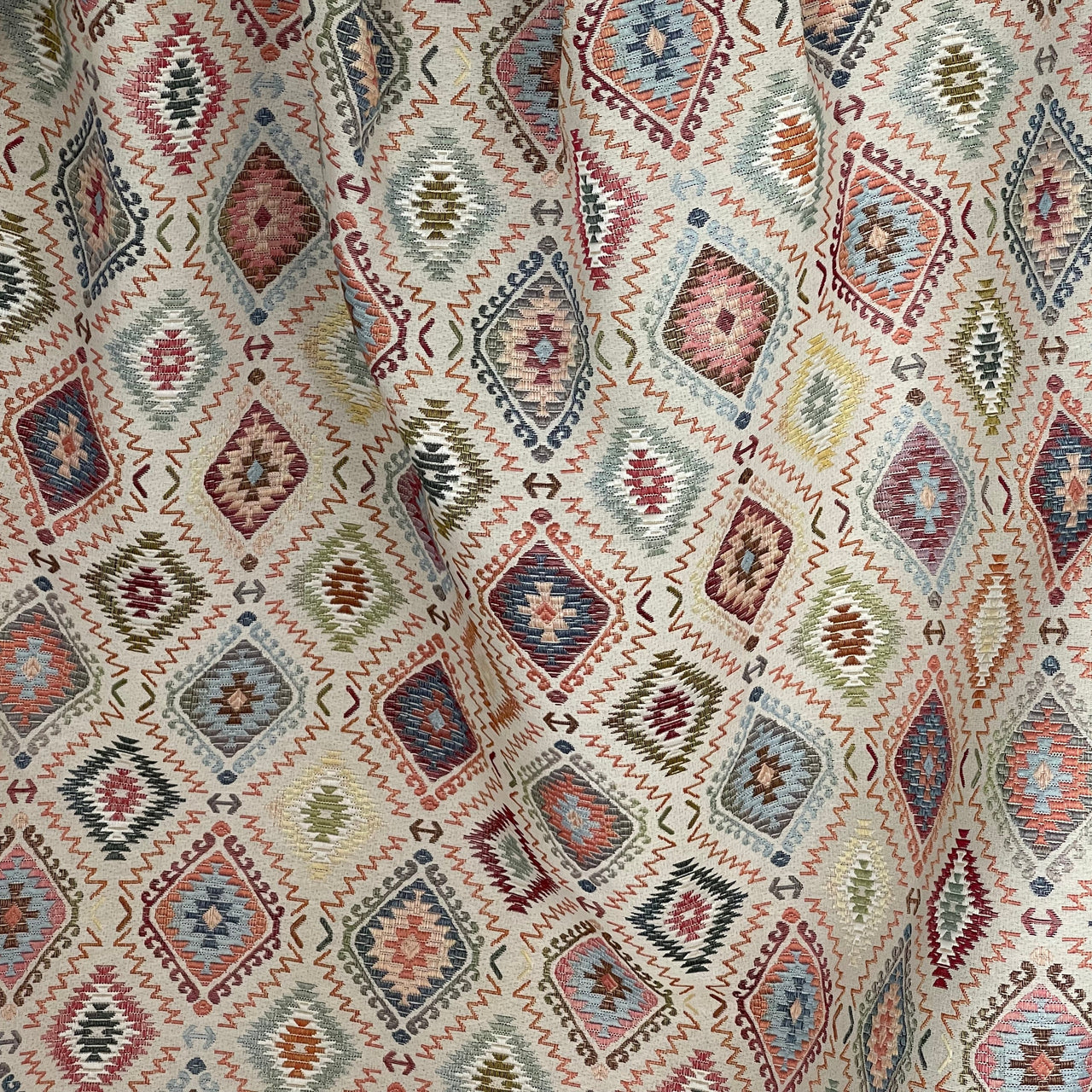 Colorful tribal upholstery material with geometric print
