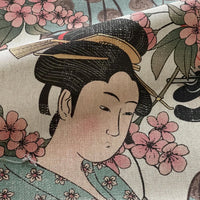 Thumbnail for Detailed cherry blossom pattern surrounding geisha figures on textured cotton fabric.
