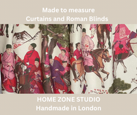 Thumbnail for Curtain fabric with historical scene design, featuring people and horses, labeled 'Made to measure Curtains and Roman Blinds' by Home Zone Studio.