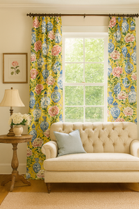 Thumbnail for English country cottage living room with floral drapes and cream sofa