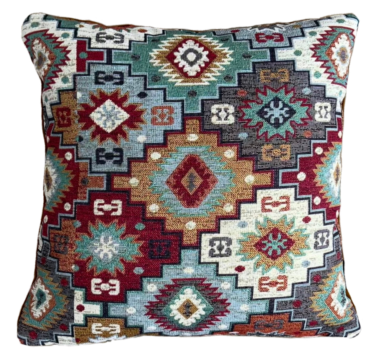 Handmade rustic pillow cover with ethnic pattern.