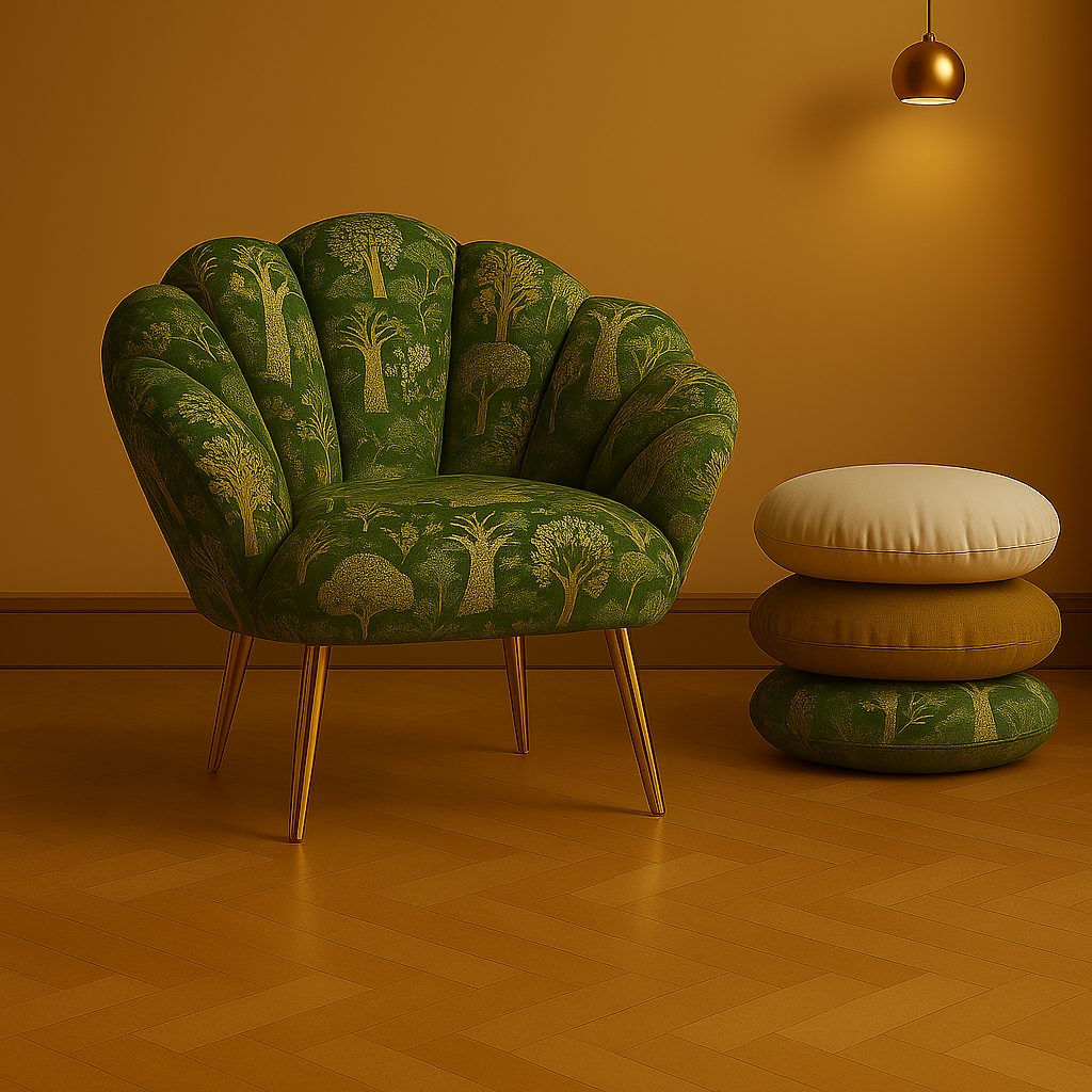 Green patterned armchair with matching ottoman against a warm brown wall.